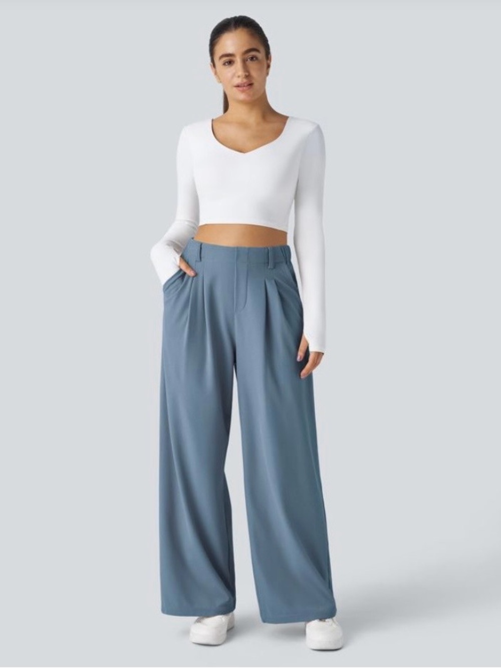 NEW - Medium blue Halara high waisted plicated side pocket wide leg waffle pants